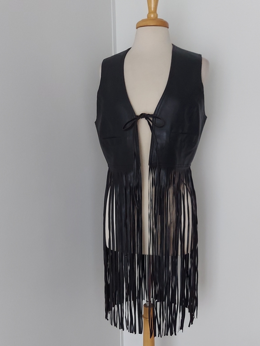 last kiss Black Leather Fringe Tie Vest